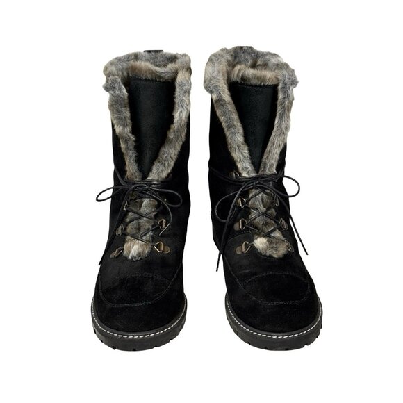 Stuart Weitzman Luge Bootie SZ 9 Fur Lined Lace Up Black Suede Winter Flat Warm - Picture 3 of 14